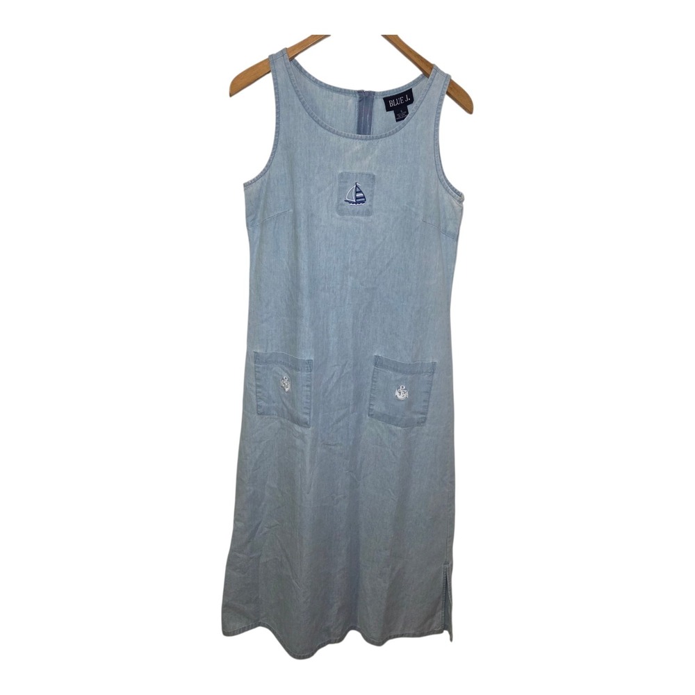Vtg Blue J. Sleeveless Chambray Jumper Dress Women's Small Nautical Sailboat‎